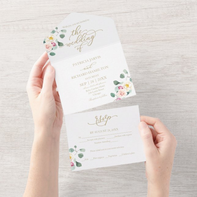 Invitation Tout En Un Mariage de calligraphie florale Eucalyptus (Déchirure)