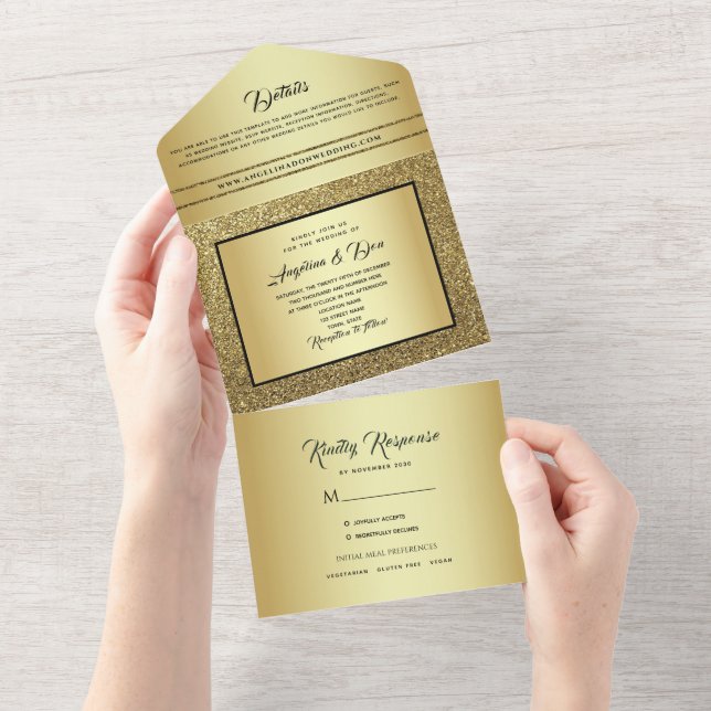 Invitation Tout En Un Mariage de calligraphie noir or (Déchirure)