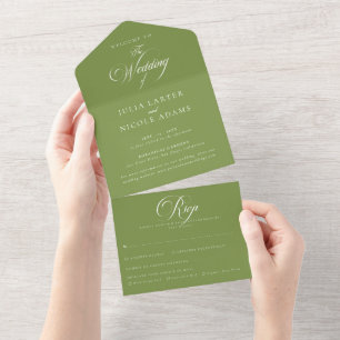 Invitation Tout En Un Mariage de calligraphie vert ivoire classique