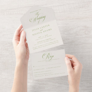 Invitation Tout En Un Mariage de calligraphie vert ivoire classique