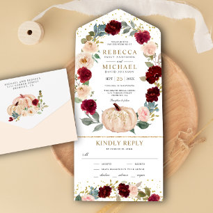 Invitation Tout En Un Mariage de citrouille florale de Bourgogne et de p