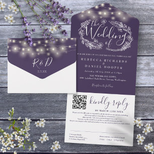 Invitation Tout En Un Mariage de code QR avec voyants à chaîne violet