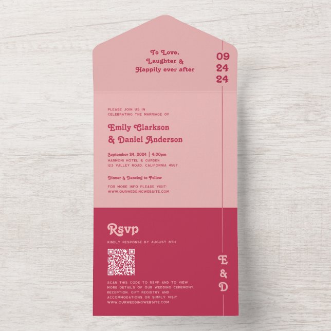 Invitation Tout En Un Mariage de code QR Chic Retro Rose & Blush (À l'intérieur)