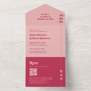 Invitation Tout En Un Mariage de code QR Chic Retro Rose & Blush