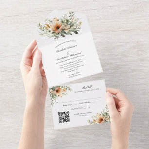 Invitation Tout En Un Mariage de code QR floral beige Peach Neutre