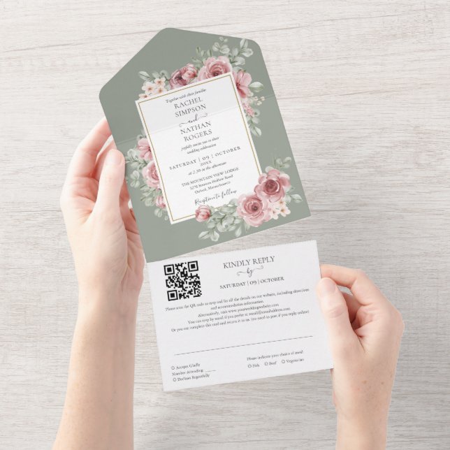 Invitation Tout En Un Mariage de code QR géométrique Sage Green Floral G (Déchirure)