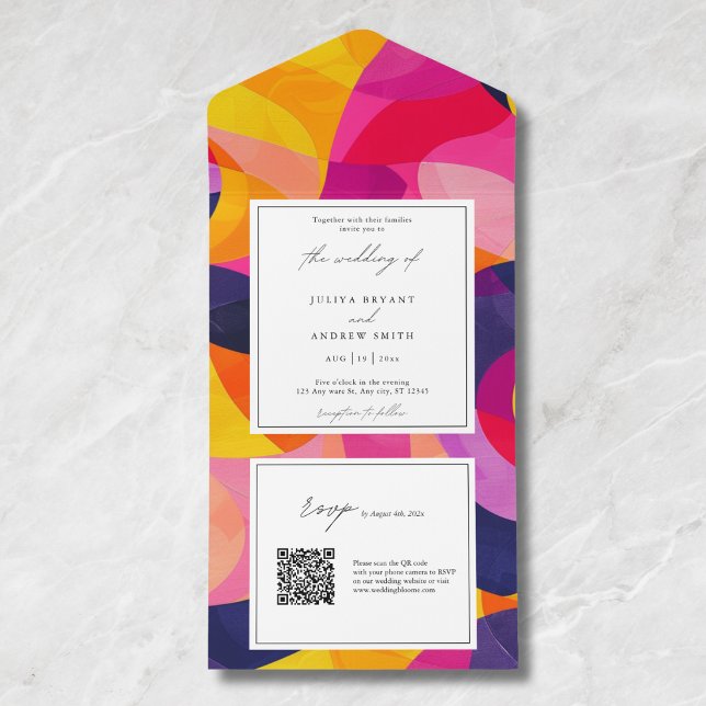 Invitation Tout En Un Mariage de code QR Hot Pink Abstrait moderne (Créateur téléchargé)