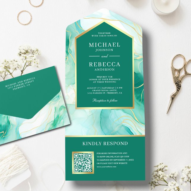 Invitation Tout En Un Mariage de code QR Mint Green Gold Abstrait (Créateur téléchargé)