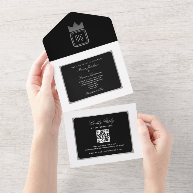 Invitation Tout En Un Mariage de code QR noir blanc argenté moderne (Déchirure)