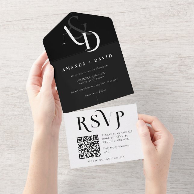 Invitation Tout En Un Mariage de code QR noir et blanc minimal (Déchirure)