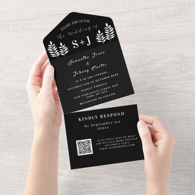 Invitation Tout En Un Mariage de code QR simple noir blanc (Déchirure)