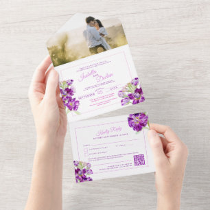 Invitation Tout En Un Mariage de couleur d'aquarelle stock violet code Q