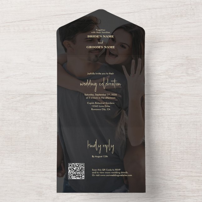 Invitation Tout En Un Mariage de couverture photo Black Gold moderne (À l'intérieur)