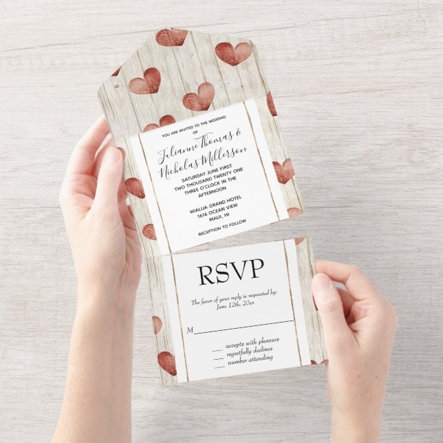 Invitation Tout En Un Mariage de Cream Red Romantic Hearts (Déchirure)