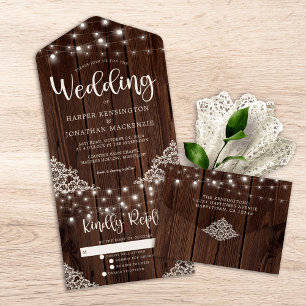 Invitation Tout En Un Mariage de dentelle de bois rustique