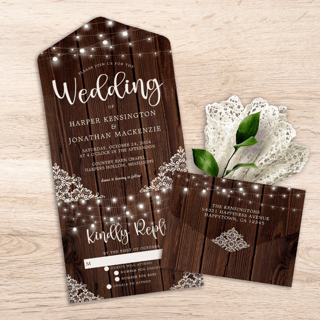 Invitation Tout En Un Mariage de dentelle de bois rustique (Rustic Wood Lace String Lights Wedding All In One Invitation)