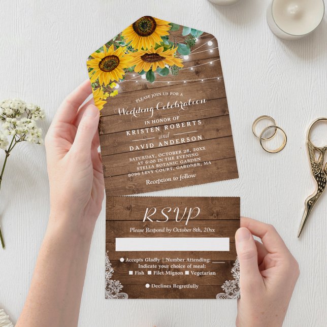 Invitation Tout En Un Mariage de dentelle de tournesol rustique (Capture the essence of rustic romance with this All In One Invitation.)