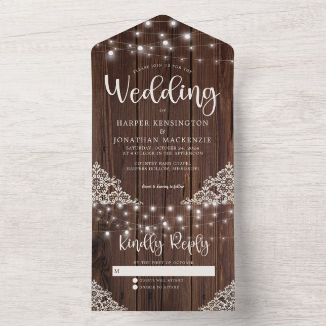 Invitation Tout En Un Mariage de dentelle en bois rustique (À l'intérieur)
