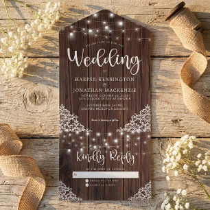 Invitation Tout En Un Mariage de dentelle en bois rustique