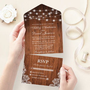 Invitation Tout En Un Mariage de dentelle en bois rustique