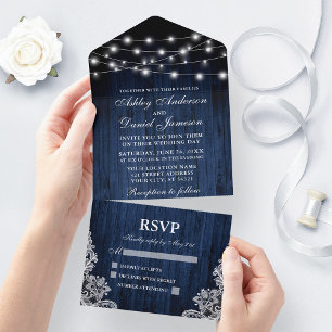 Invitation Tout En Un Mariage de dentelle rustique en bois bleu