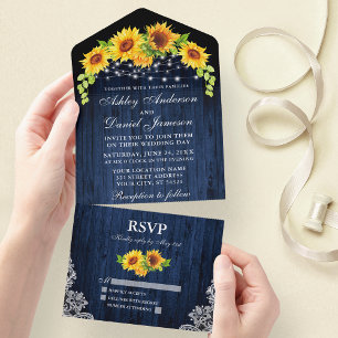 Invitation Tout En Un Mariage de dentelles rustique en bois bleu