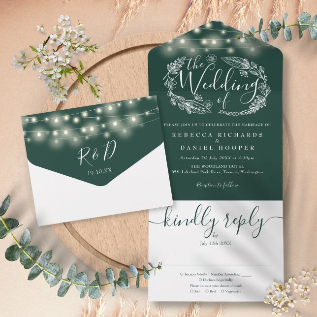 Invitation Tout En Un Mariage de feuillage Emerald Green String (Emerald Green String Lights Foliage Wedding All In One Invitation)