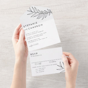 Invitation Tout En Un Mariage de feuillage minimaliste noir Boho