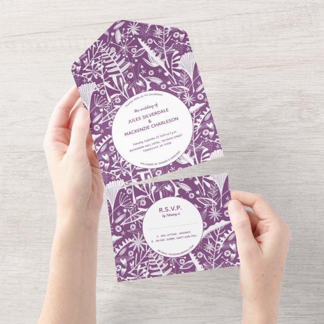 Invitation Tout En Un Mariage de feuillage pourpre botanique (Déchirure)