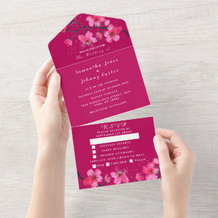 Invitation Tout En Un Mariage de fleurs de cerisier rose Fuchsia