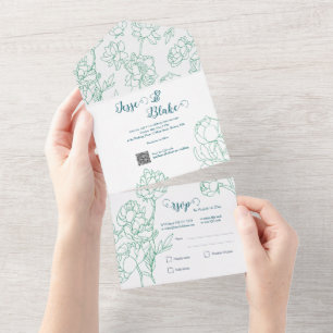 Invitation Tout En Un Mariage de fleurs de pivoines à main verte
