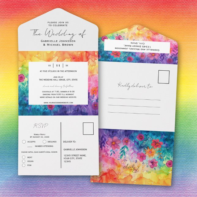 Invitation Tout En Un Mariage de fleurs de prairie à aquarelle brillante (Créateur téléchargé)