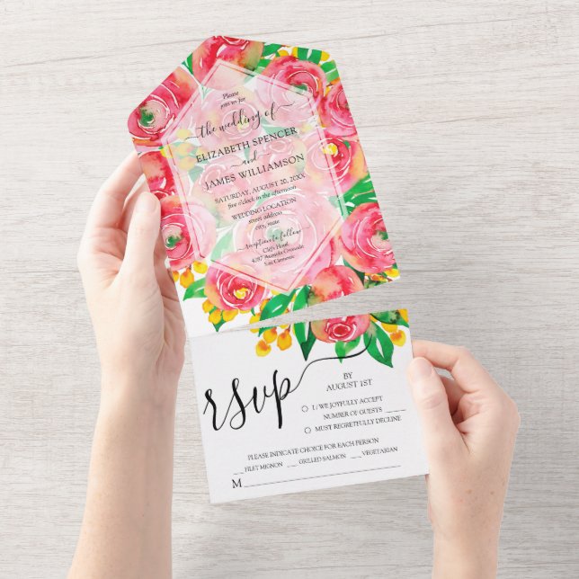 Invitation Tout En Un Mariage de fleurs roses complètes (Déchirure)