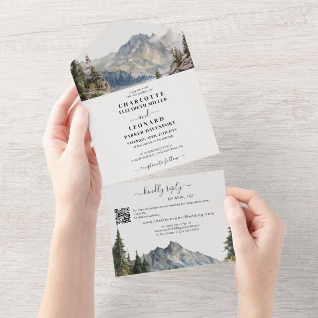 Invitation Tout En Un Mariage de forêt de montagne code Qr Rsvp (Déchirure)