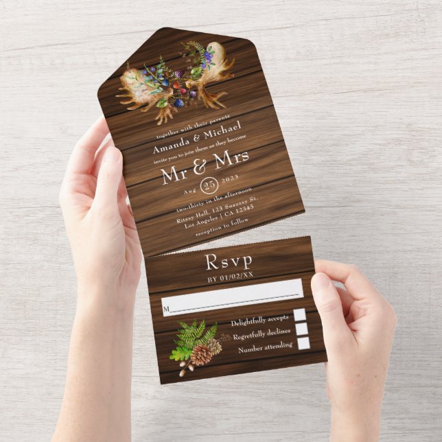 Invitation Tout En Un Mariage de forêt rustique aquarelle (Déchirure)