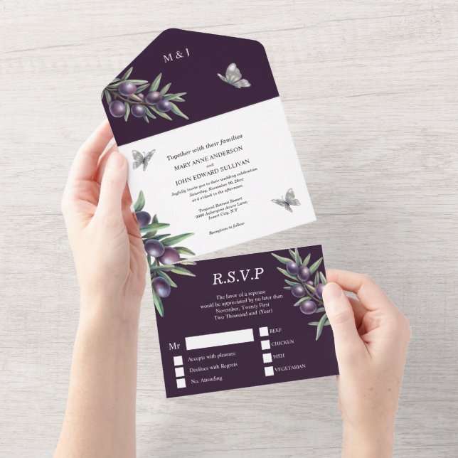 Invitation Tout En Un Mariage de glamour de papillon blanc violet  (Déchirure)