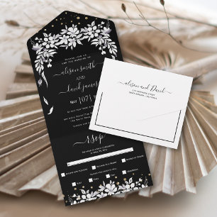 Invitation Tout En Un Mariage de guirlande à fleurs noir et blanc