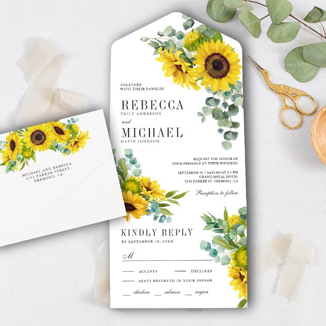 Invitation Tout En Un Mariage de la branche des tournesols rustiques et  (Créateur téléchargé)