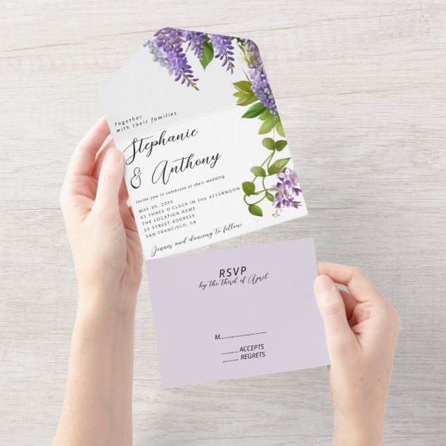Invitation Tout En Un Mariage de la glycine violette à pendaison botaniq (Déchirure)