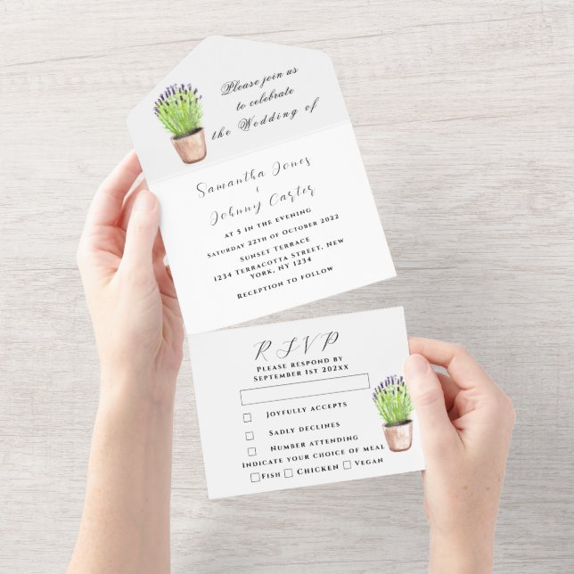 Invitation Tout En Un Mariage de lavande d'aquarelle Green Herbs (Déchirure)