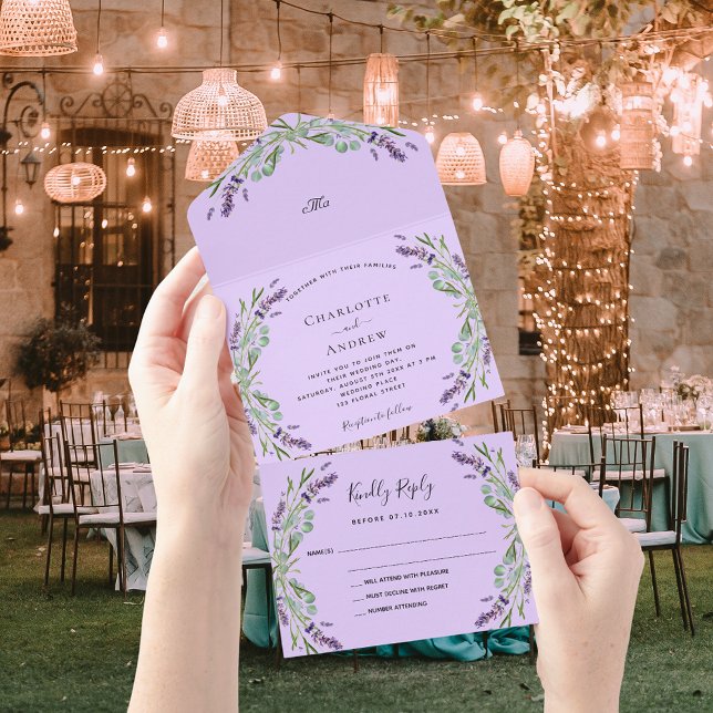 Invitation Tout En Un Mariage de l'eucalyptus à fleurs violettes (Créateur téléchargé)