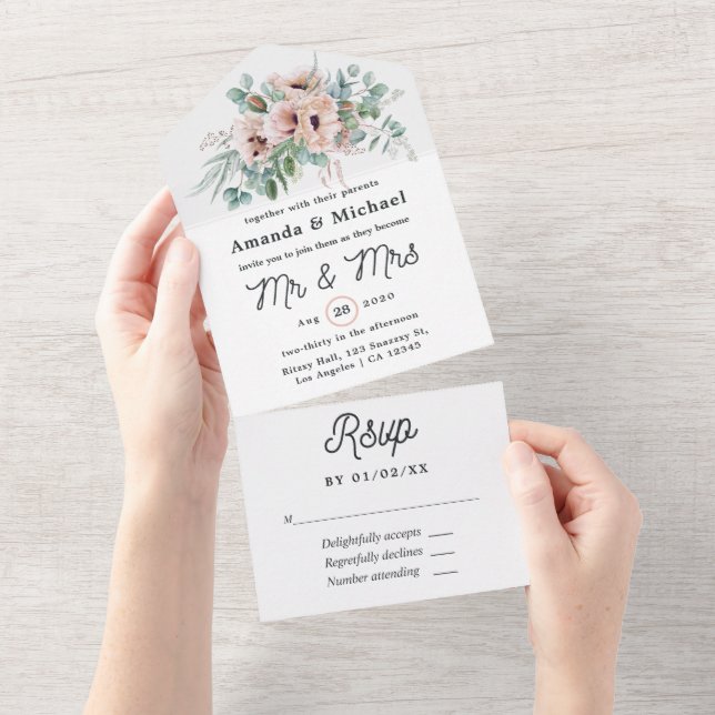 Invitation Tout En Un Mariage de l'eucalyptus rose bohème (Déchirure)