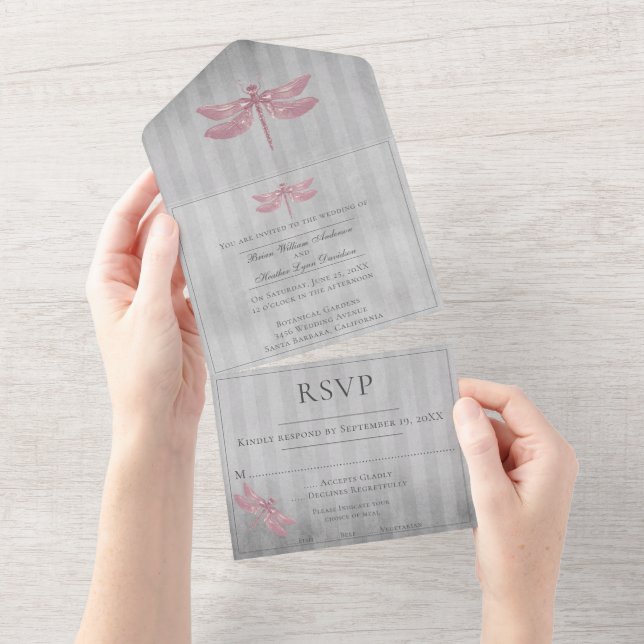 Invitation Tout En Un Mariage de libellules à bijoux rose (Déchirure)