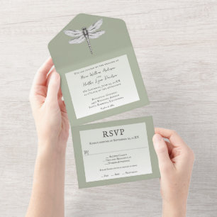 Invitation Tout En Un Mariage de libellules de Sage Green