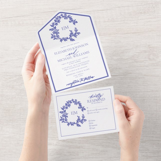 Invitation Tout En Un Mariage de monogramme de poitrine feuillue (Déchirure)