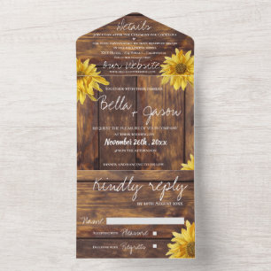 Invitation Tout En Un Mariage de monogramme de tournesol brillant en boi
