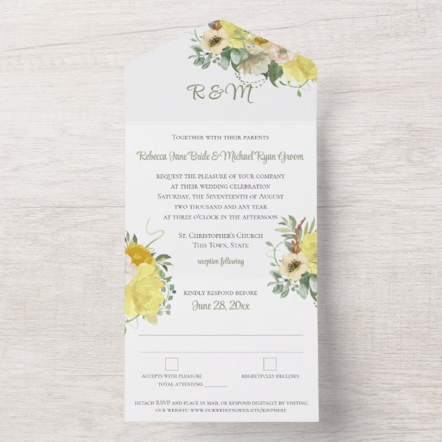 Invitation Tout En Un Mariage de monogramme floral jaune (À l'intérieur)