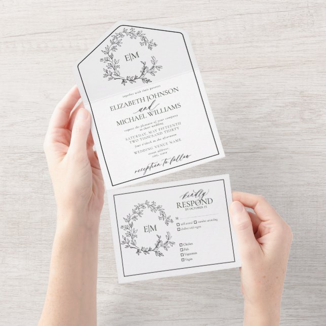 Invitation Tout En Un Mariage de monogramme noir blanc (Déchirure)