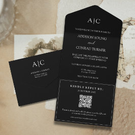 Invitation Tout En Un Mariage de monogramme noir de code QR
