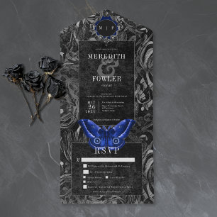 Invitation Tout En Un Mariage de Nuit Gothique Bleu Filigrane Papillon d